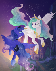 Size: 4500x5700 | Tagged: safe, artist:katyand, princess celestia, princess luna, alicorn, pony, absurd resolution, canterlot, canterlot castle, duo, female, flying, looking at each other, mare, night, royal sisters, siblings, sisters, sky, starry night, stars