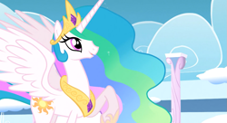 Size: 1099x597 | Tagged: safe, screencap, princess celestia, alicorn, pony, sonic rainboom (episode), female, horn, mare, multicolored mane, solo, white coat