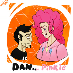 Size: 1602x1602 | Tagged: safe, artist:thefunnytoaster, pinkie pie, human, blushing, crossover, crossover shipping, dan, dan vs, female, humanized, male, pinkiedan, shipping, straight