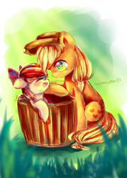 Size: 2500x3500 | Tagged: safe, artist:aquagalaxy, apple bloom, applejack, earth pony, pony, adorabloom, bath, cute