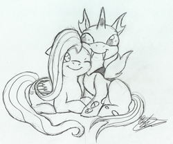 Size: 669x556 | Tagged: safe, artist:tatta-kasame, fluttershy, changeling, pegasus, pony, cute, floppy ears, lineart, monochrome, nuzzling, prone, sitting, smiling, traditional art, wink