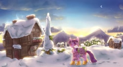 Size: 1500x830 | Tagged: safe, artist:rigi, derpibooru import, spike, twilight sparkle, dragon, unicorn, winter wrap up, boots, clothes, cloud, crescent moon, duo, looking up, moon, morning, mountain, ponyville, scarf, scenery, sky, sleeping, snow, sunrise, tree, walking, winter