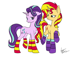 Size: 2646x1983 | Tagged: safe, alternate version, artist:icey-wicey-1517, artist:nightpaint12, color edit, edit, starlight glimmer, sunset shimmer, pony, unicorn, collaboration, chest fluff, clothes, colored, ear fluff, female, flirting, heart, lesbian, mare, raised hoof, shimmerglimmer, shipping, signature, simple background, socks, striped socks, transparent background