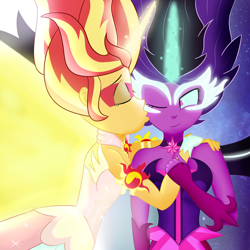 Size: 1500x1500 | Tagged: safe, artist:xethshade, midnight sparkle, sci-twi, sunset shimmer, twilight sparkle, equestria girls, friendship games, daydream shimmer, eyes closed, female, kiss on the cheek, kissing, lesbian, midnightdaydream, one eye closed, scitwishimmer, shipping, smiling, sunsetsparkle