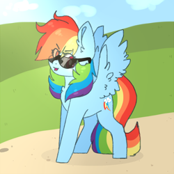 Size: 1800x1800 | Tagged: safe, artist:evelynchie, derpibooru import, rainbow dash, pegasus, pony, female, looking at you, mare, solo, sunglasses