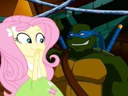 Size: 360x272 | Tagged: safe, fluttershy, equestria girls, crossover, crossover shipping, female, leonardo, male, shipping, straight, teenage mutant ninja turtles, tmnt 2003 series