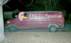 Size: 550x329 | Tagged: safe, fluttershy, pony, bronybait, irl, photo, ponies in real life, rape van, seems legit, van