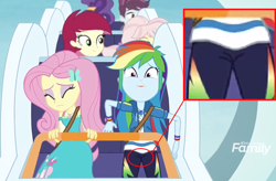 Size: 906x594 | Tagged: safe, derpibooru import, edit, edited screencap, screencap, fluttershy, rainbow dash, roseluck, track starr, better together, equestria girls, rollercoaster of friendship, background human, cameltoe, discovery family logo, geode of fauna, geode of super speed, looking at you, magical geodes, out of context, roller coaster, stop the ride, worried, zoom