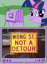 Size: 563x771 | Tagged: safe, derpibooru import, twilight sparkle, exploitable meme, meme, obligatory pony, pun, sign, tv meme, twiface, wong neighborhood, wrong neighborhood
