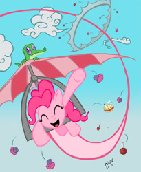 Size: 800x977 | Tagged: safe, artist:nullh, gummy, pinkie pie, earth pony, pony, candy, flying, glider, hang glider, hang gliding