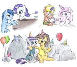 Size: 1024x893 | Tagged: safe, artist:islamilenaria, blues, boulder (pet), cheese sandwich, fleur-de-lis, maud pie, noteworthy, rarity, trenderhoof, pony, unicorn, balloon, crack shipping, female, hat, levitation, magic, male, maudwich, party hat, piano, rariworthy, rock, shipping, straight, traditional art, trenderfleur