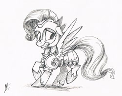 Size: 2242x1779 | Tagged: safe, artist:navigatoralligator, fluttershy, pegasus, pony, armor, grayscale, monochrome, simple background, solo