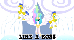 Size: 960x521 | Tagged: safe, princess celestia, alicorn, pony, caption, flying, hair over one eye, image macro, like a boss, majestic, meme, royal guard, smiling, smirk, spread wings