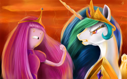 Size: 1200x750 | Tagged: safe, artist:nightshroud, princess celestia, alicorn, pony, adventure time, duo, duo female, female, princess bubblegum