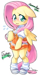 Size: 427x798 | Tagged: safe, artist:mococo, fluttershy, pegasus, pony, bipedal, blushing, clothes, crying, cute, shoes, shyabetes, simple background, sneakers, solo, sweat, waitress