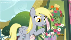 Size: 1920x1080 | Tagged: safe, screencap, derpy hooves, pegasus, pony, slice of life (episode), discovery family logo, female, mare, raised hoof, solo