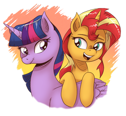 Size: 800x733 | Tagged: safe, artist:saturdaymorningproj, sunset shimmer, twilight sparkle, twilight sparkle (alicorn), alicorn, pony, unicorn, duo, female, mare, simple background, transparent background