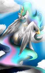 Size: 2500x4000 | Tagged: safe, artist:thedudegamer, princess celestia, alicorn, pony, cloud, cloudy, flying, looking back, solo