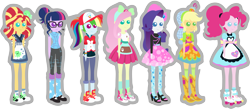 Size: 8445x3691 | Tagged: safe, artist:epsilontlosdark4, derpibooru import, applejack, fluttershy, pinkie pie, rainbow dash, rarity, sci-twi, sunset shimmer, twilight sparkle, eqg summertime shorts, equestria girls, good vibes, chibi, clothes, converse, humane five, humane seven, humane six, pointy people, server pinkie pie, shoes, simple background, sneakers, sunset sushi, transparent background, zettai ryouiki