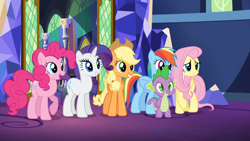 Size: 1440x810 | Tagged: safe, derpibooru import, screencap, applejack, fluttershy, pinkie pie, rainbow dash, rarity, spike, dragon, earth pony, pegasus, pony, unicorn, castle sweet castle, trailer