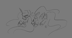 Size: 1280x681 | Tagged: safe, artist:darkflame75, princess celestia, princess luna, alicorn, pony, lunadoodle, monochrome, snuggling