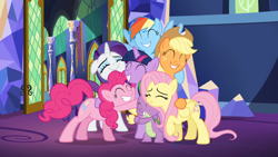 Size: 1440x810 | Tagged: safe, derpibooru import, screencap, applejack, fluttershy, pinkie pie, rainbow dash, rarity, spike, twilight sparkle, twilight sparkle (alicorn), alicorn, dragon, earth pony, pegasus, pony, unicorn, castle sweet castle, cowboy hat, eyes closed, female, floppy ears, group hug, hat, hug, male, mane seven, mane six, mare, smiling, stetson