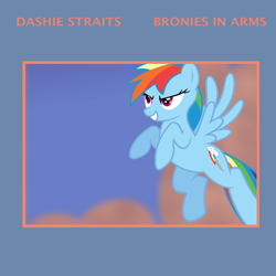 Size: 1400x1400 | Tagged: safe, artist:grapefruitface1, artist:synthrid, derpibooru exclusive, derpibooru import, rainbow dash, pegasus, pony, 80s, album cover, dire straits, flying, parody, ponified, sky, solo, vector used