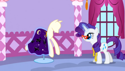 Size: 1366x768 | Tagged: safe, screencap, rarity, pony, unicorn, suited for success, female, horn, mare, purple mane, solo, white coat