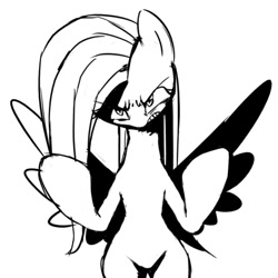 Size: 500x500 | Tagged: safe, artist:30clock, fluttershy, pegasus, pony, semi-anthro, angry, big hooves, bipedal, featureless crotch, flutterrage, looking at you, monochrome, pixiv, simple background, solo, spread wings, white background