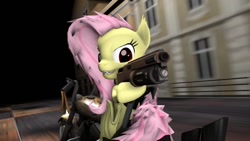 Size: 600x338 | Tagged: safe, artist:epickitty54, fluttershy, 3d, badass, biker, flutterbat, gun, ponies and vehicles, shotgun, solo