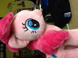 Size: 960x720 | Tagged: safe, artist:hugsandtugs, pinkie pie, fluffy, irl, official, photo, play by play, plushie, sideways image, spain, toy