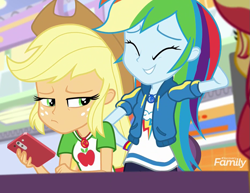 Size: 931x719 | Tagged: safe, derpibooru import, screencap, applejack, rainbow dash, sunset shimmer, better together, equestria girls, rollercoaster of friendship, cellphone, cute, dashabetes, duo focus, eyes closed, geode of super speed, geode of super strength, magical geodes, phone, smartphone, smiling