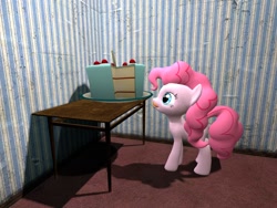 Size: 1024x768 | Tagged: safe, artist:funsketch, pinkie pie, earth pony, pony, 3d, cake, eyes on the prize, gmod, licking lips, room, smiling, solo, table, tongue out