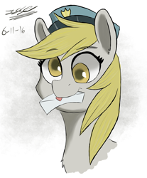 Size: 1700x2050 | Tagged: safe, artist:hypno, derpy hooves, pegasus, pony, bust, cute, female, hat, letter, mailpony, mare, mouth hold, portrait, solo