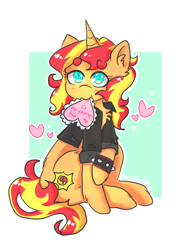 Size: 960x1280 | Tagged: safe, artist:jackytheripperart, sunset shimmer, pony, unicorn, chest fluff, clothes, cute, female, heart, holiday, jacket, mare, mouth hold, shimmerbetes, sitting, solo, valentine's day