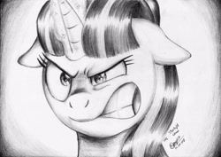 Size: 2330x1652 | Tagged: safe, artist:3500joel, starlight glimmer, pony, unicorn, angry, bust, floppy ears, grayscale, monochrome, portrait, ragelight glimmer, solo, traditional art