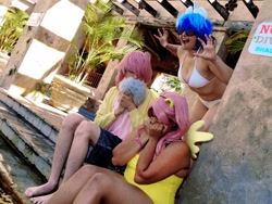 Size: 2048x1536 | Tagged: safe, artist:chibi chuu, artist:everyday ery, dj pon-3, fluttershy, vinyl scratch, human, belly button, bikini, cleavage, clothes, cosplay, female, irl, irl human, photo, poolside, rule 63, surprised, swimsuit