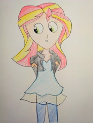 Size: 3120x4160 | Tagged: safe, artist:sumi-mlp25, sunset shimmer, human, equestria girls, arm behind back, colored pencil drawing, female, looking sideways, simple background, smiling, solo, traditional art, white background