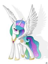 Size: 1000x1312 | Tagged: safe, artist:shan3ng, princess celestia, alicorn, pony, female, horn, mare, multicolored mane, solo, spread wings, white coat