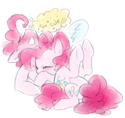 Size: 1152x1088 | Tagged: safe, artist:annie-aya, bubble berry, pinkie pie, earth pony, pony, bubblepie, female, male, rule 63, self ponidox, selfcest, shipping, sleeping, straight, thought bubble, underhoof, zzz