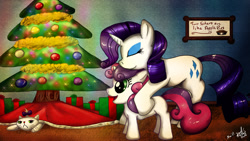 Size: 1600x900 | Tagged: safe, artist:spiritofthwwolf, opalescence, rarity, sweetie belle, pony, unicorn, christmas, christmas tree, eyes closed, sisters, tree