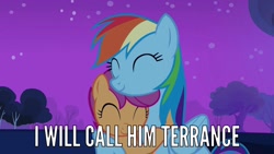 Size: 1920x1080 | Tagged: safe, derpibooru import, edit, edited screencap, screencap, rainbow dash, scootaloo, pegasus, pony, sleepless in ponyville, image macro, meme