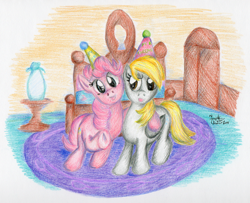 Size: 1280x1039 | Tagged: safe, artist:kuroitsubasatenshi, derpy hooves, pinkie pie, earth pony, pegasus, pony, duo, fanfic art, fanfic cover, female, hat, mare, party hat, pinkie's room, traditional art