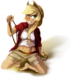 Size: 626x666 | Tagged: safe, artist:pepooni, applejack, human, barefoot, belly button, blushing, braid, cowboy hat, feet, grin, hat, humanized, light skin, midriff, smiling, solo, stetson, suspenders
