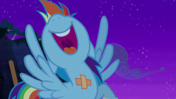 Size: 1280x720 | Tagged: safe, derpibooru import, screencap, rainbow dash, pegasus, pony, newbie dash, bandage, female, floppy ears, mare, nose in the air, open mouth, solo, spread wings, uvula, volumetric mouth, wings