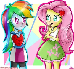 Size: 1293x1217 | Tagged: safe, artist:vixelzf, derpibooru import, fluttershy, rainbow dash, equestria girls, blushing, female, flutterdash, lesbian, shipping, valentine, valentine's day