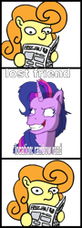 Size: 520x1442 | Tagged: safe, artist:colossalstinker, artist:muffinexplosion, derpibooru import, carrot top, golden harvest, twilight sparkle, earth pony, pony, derp, exploitable meme, female, frown, hoof hold, looking at you, lost, meme, newspaper meme, simple background, smiling, twilight snapple