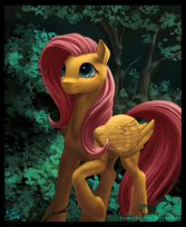 Size: 1571x1920 | Tagged: safe, artist:cosmickelpie, fluttershy, pegasus, pony, detailed, female, forest, looking up, mare, semi-realistic, solo, watching