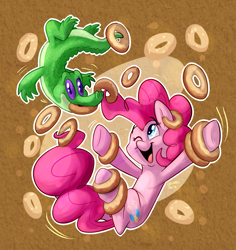 Size: 1255x1331 | Tagged: safe, artist:thedoggygal, gummy, pinkie pie, earth pony, pony, donut, underhoof