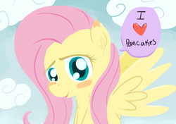 Size: 500x351 | Tagged: safe, artist:a6p, edit, fluttershy, pegasus, pony, blushing, cloud, cloudy, heart, mouthpiece, pancakes, solo